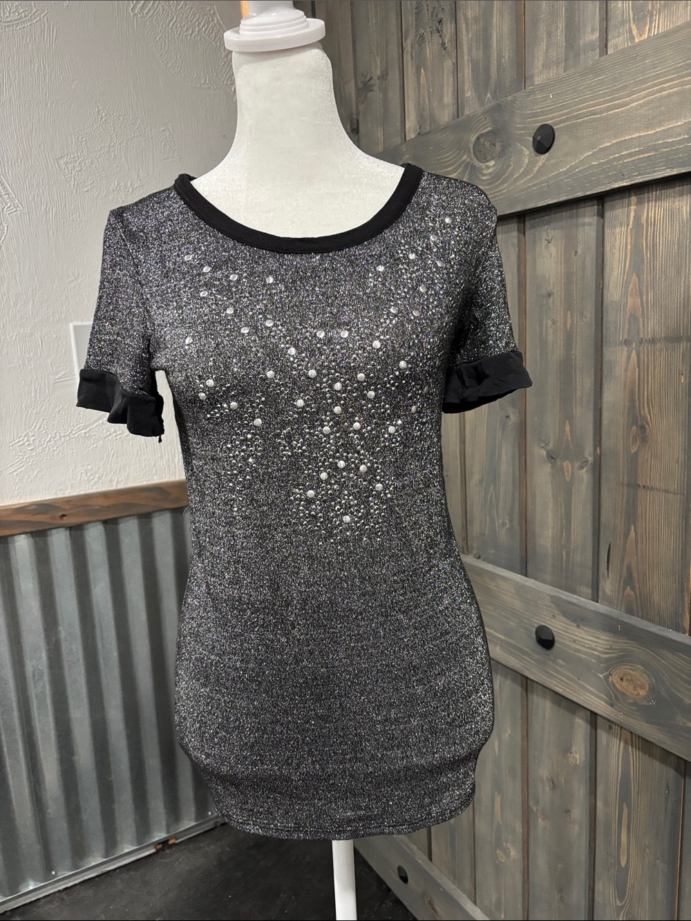 Angels & Diamonds Black Metallic Short Sleeve Knit Top with Rhinestone Accents